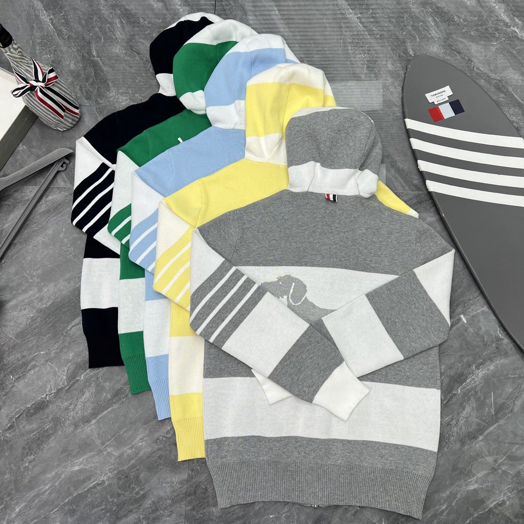 Thom Browne Style Striped Dog-Motif Zip-Up Knit Hoodie
