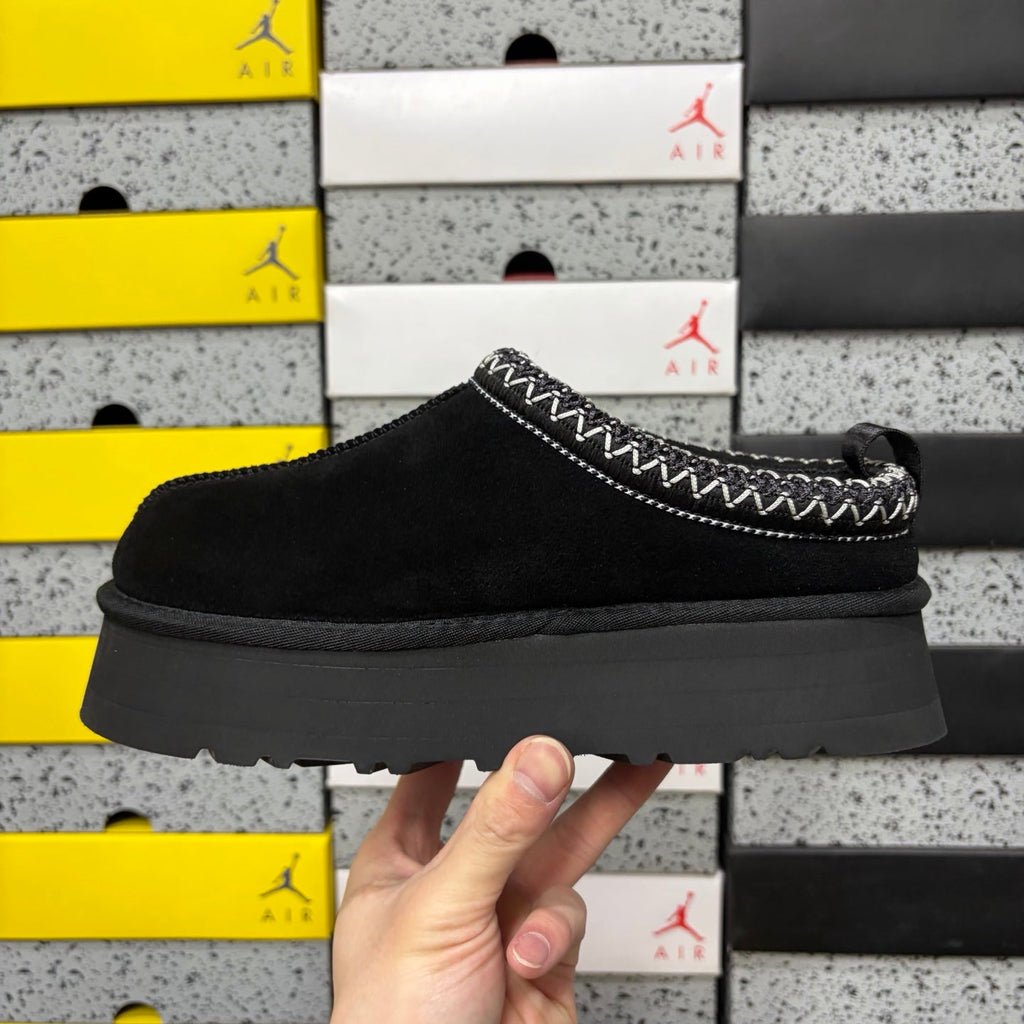 UGG Tazz Platform Slipper – Suede Mule with Shearling Lining, Black & White Braided Collar Trim & All-Black Chunky Platform Sole in Black