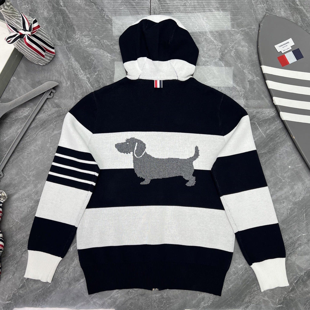 Thom Browne Style Striped Dog-Motif Zip-Up Knit Hoodie