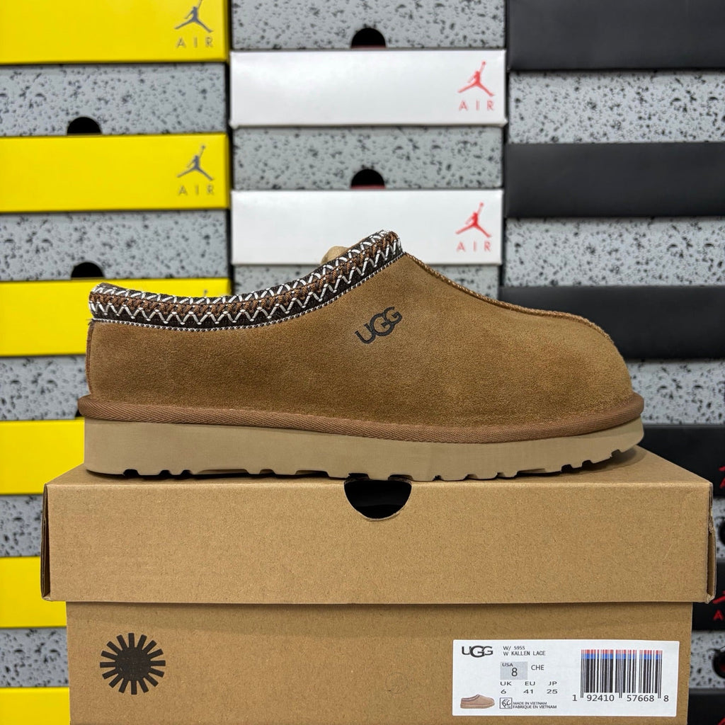 UGG Tasman Slip-On Slipper – Suede Moccasin with Shearling Lining, Brown & White Woven Collar & Sand Lug Sole in Chestnut