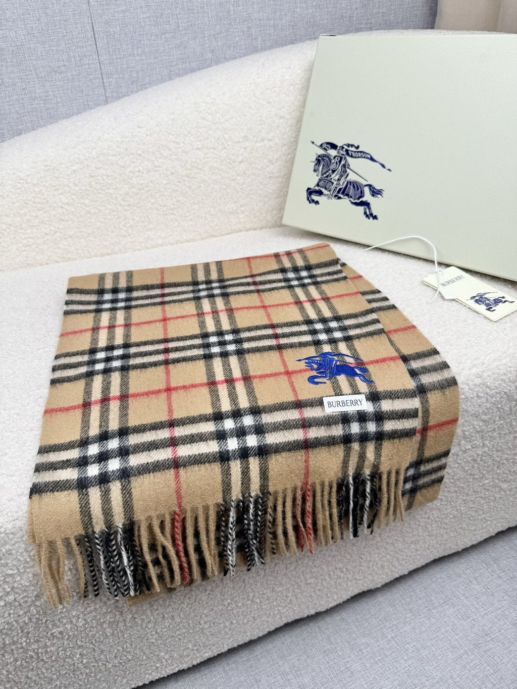Burberry Beige Plaid Fringe Scarf