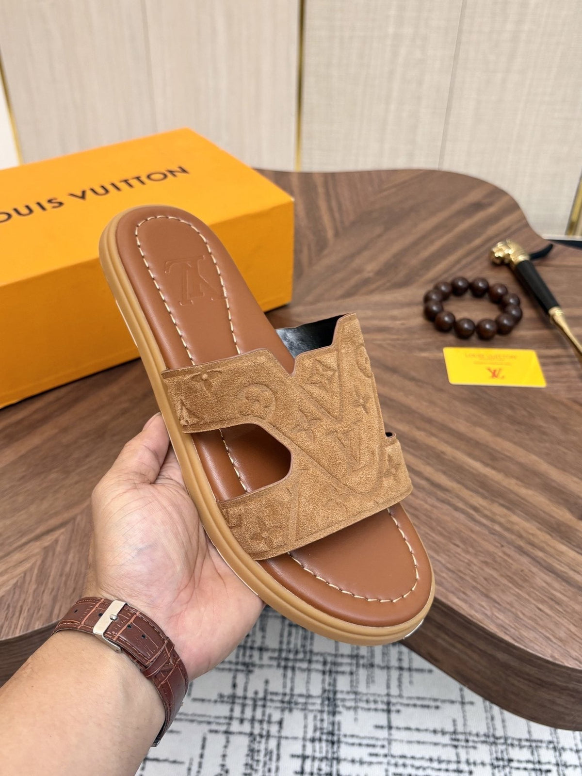 Louis Vuitton Tan Monogram Slide Sandals