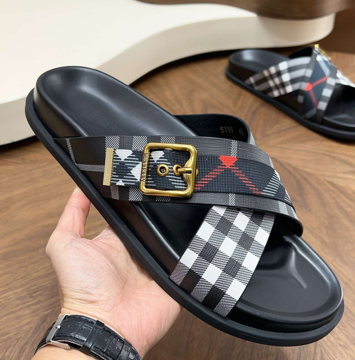 Burberry Checked Cross-Strap Slide Sandals