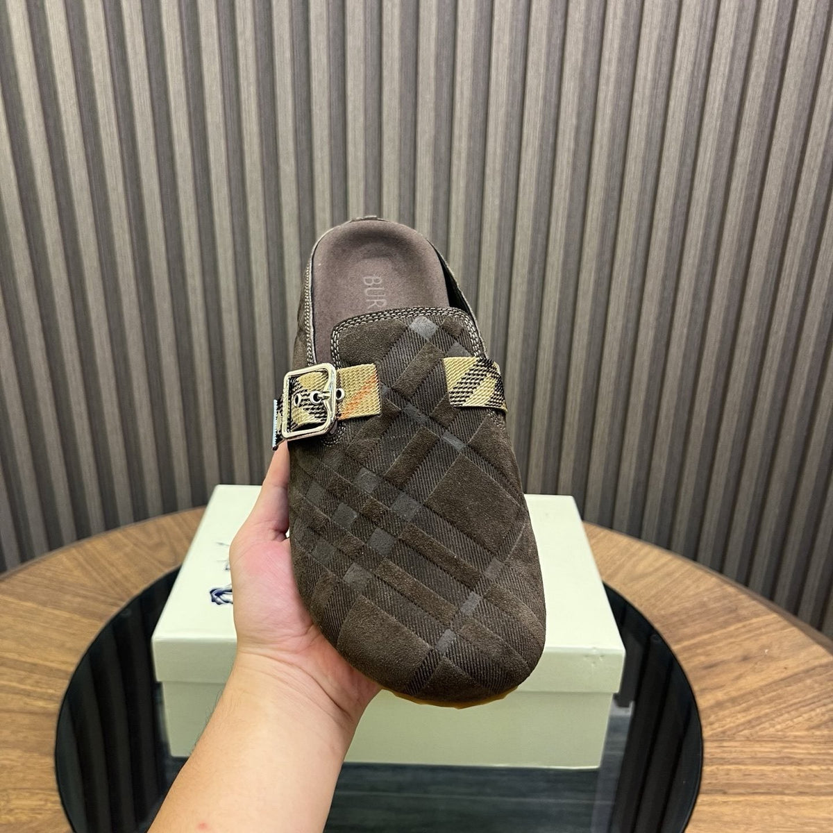 Burberry Men's Dark Brown Check Buckle Mule Slippers