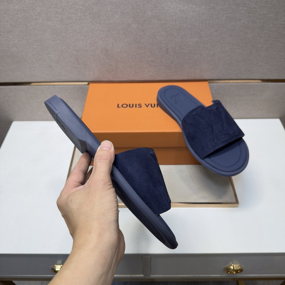 Louis Vuitton Men's Embossed Strap Slide Sandals - Textured Footbed